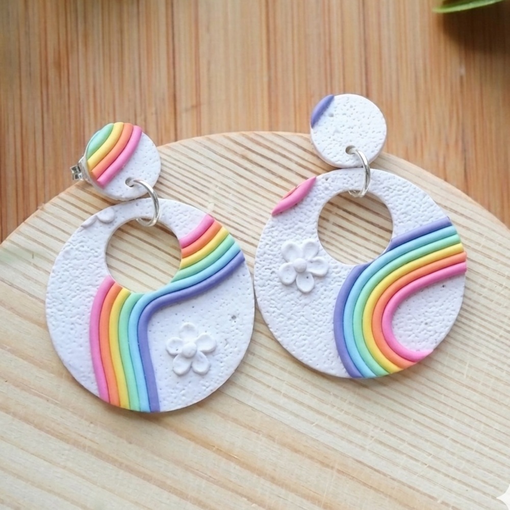 Textured White Circle Rainbow Swirl Dangles - Handmade Earrings - Floral Accents